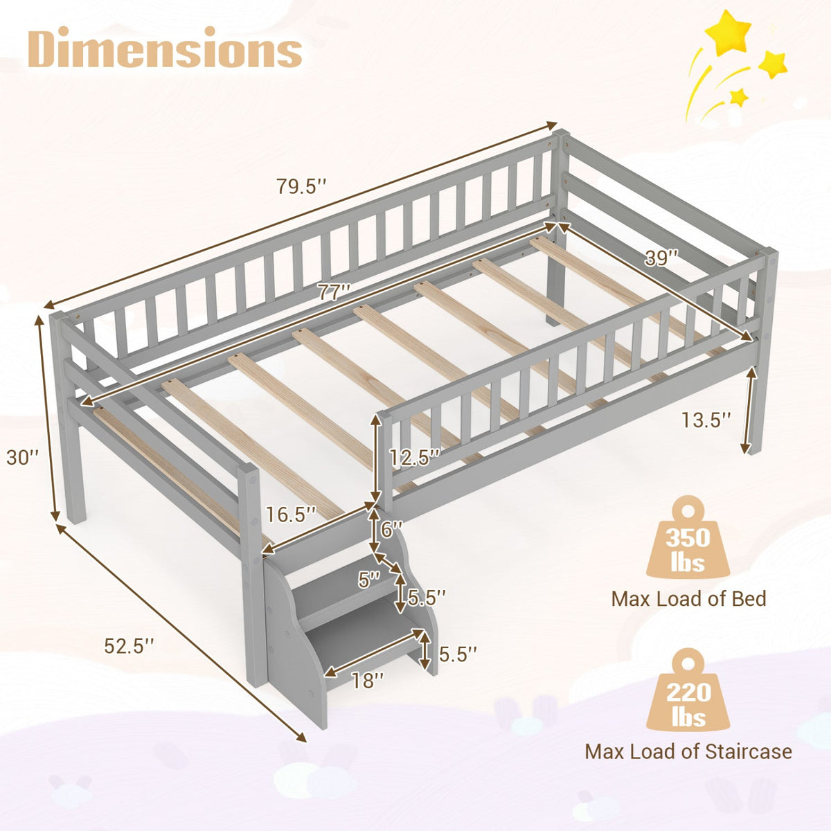 Twin Montessori Bed with Stairs and Guardrails