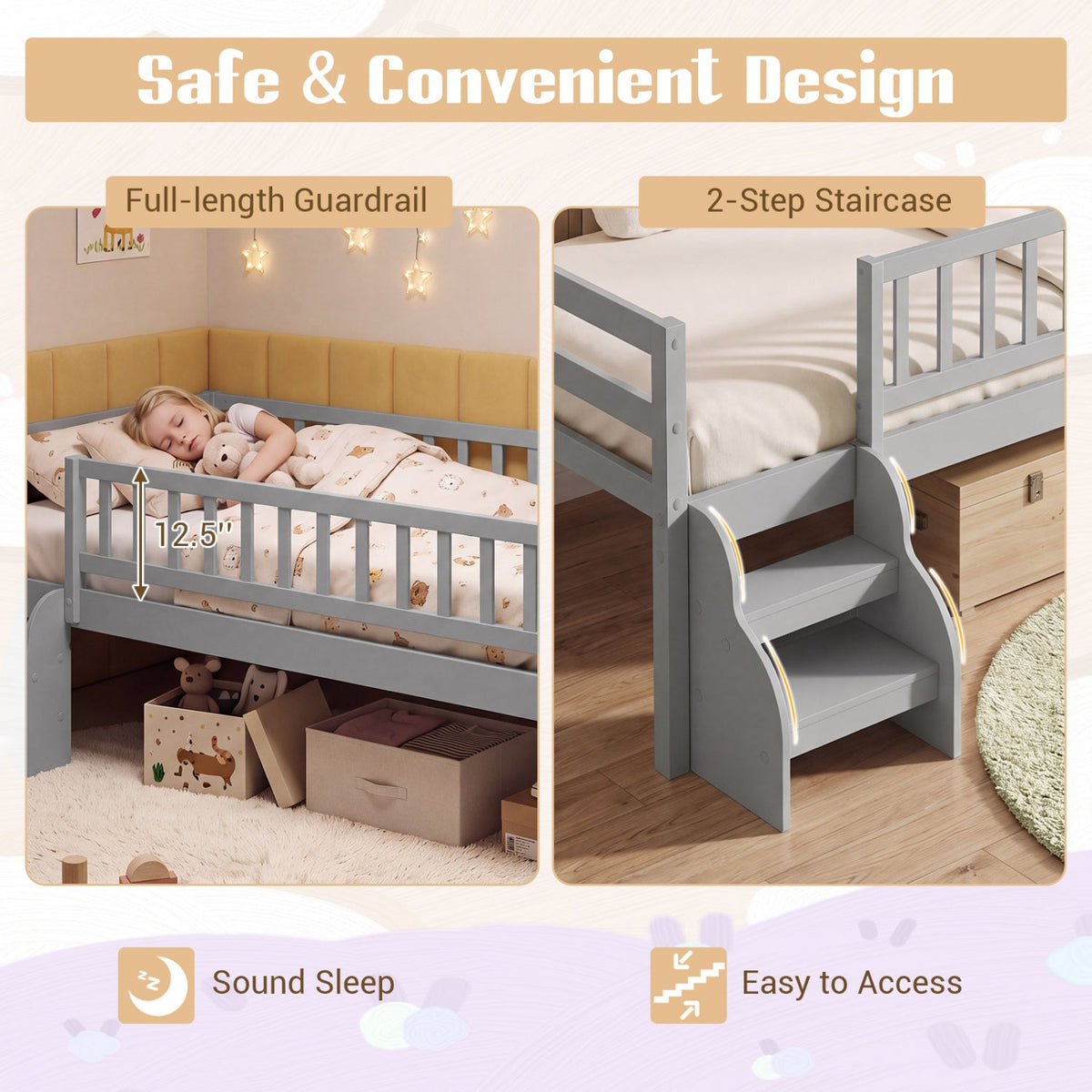 Twin Montessori Bed with Stairs and Guardrails