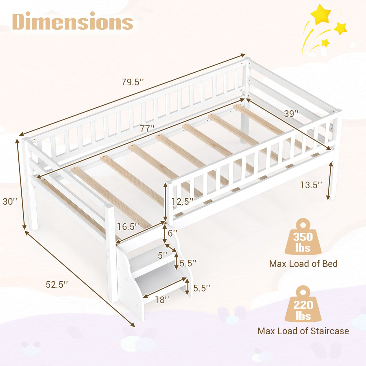 Twin Montessori Bed with Stairs and Guardrails