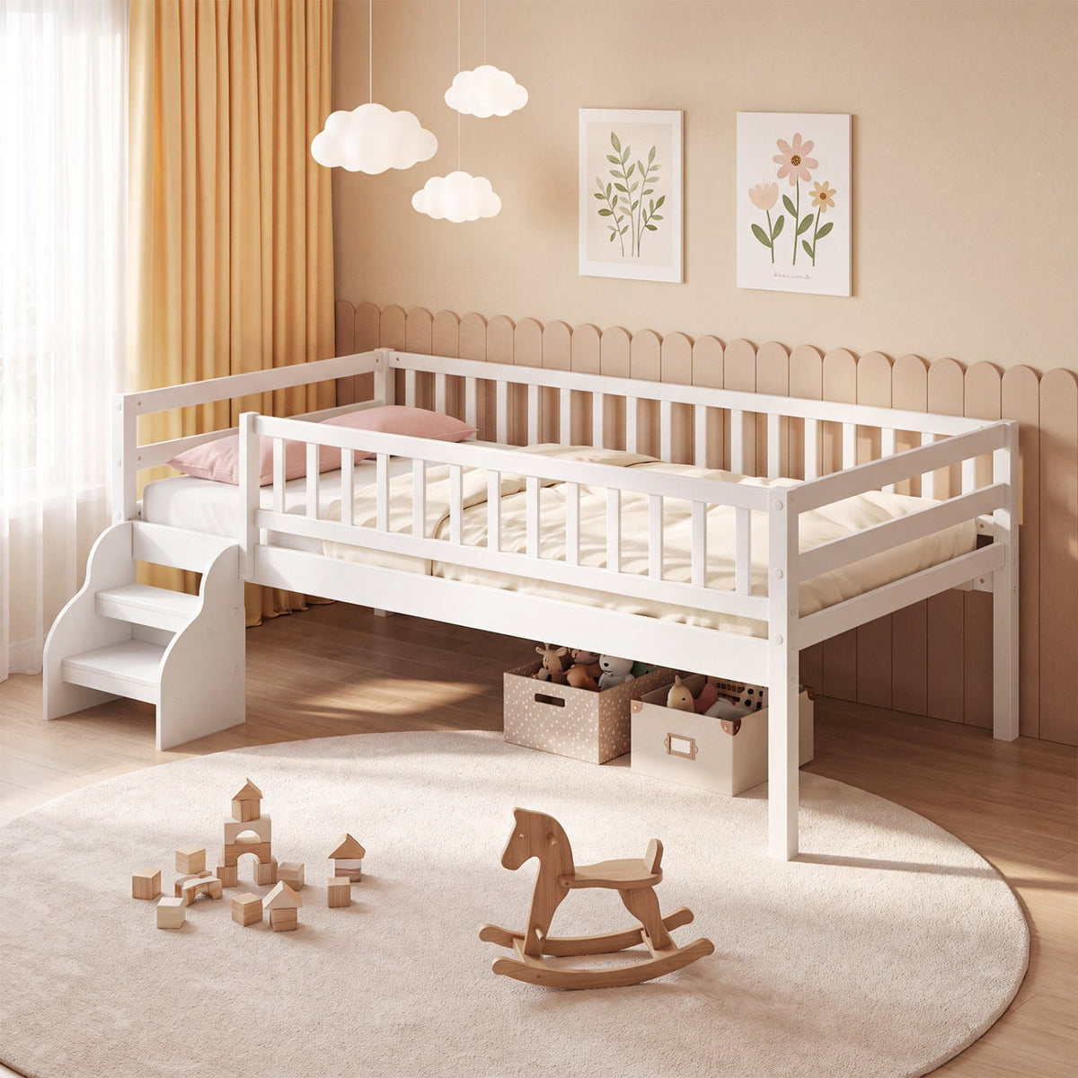 Twin Montessori Bed with Stairs and Guardrails