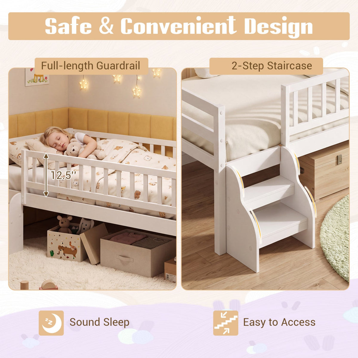 Twin Montessori Bed with Stairs and Guardrails