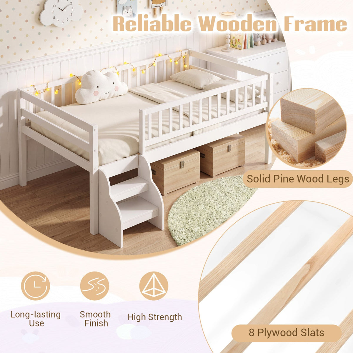 Twin Montessori Bed with Stairs and Guardrails