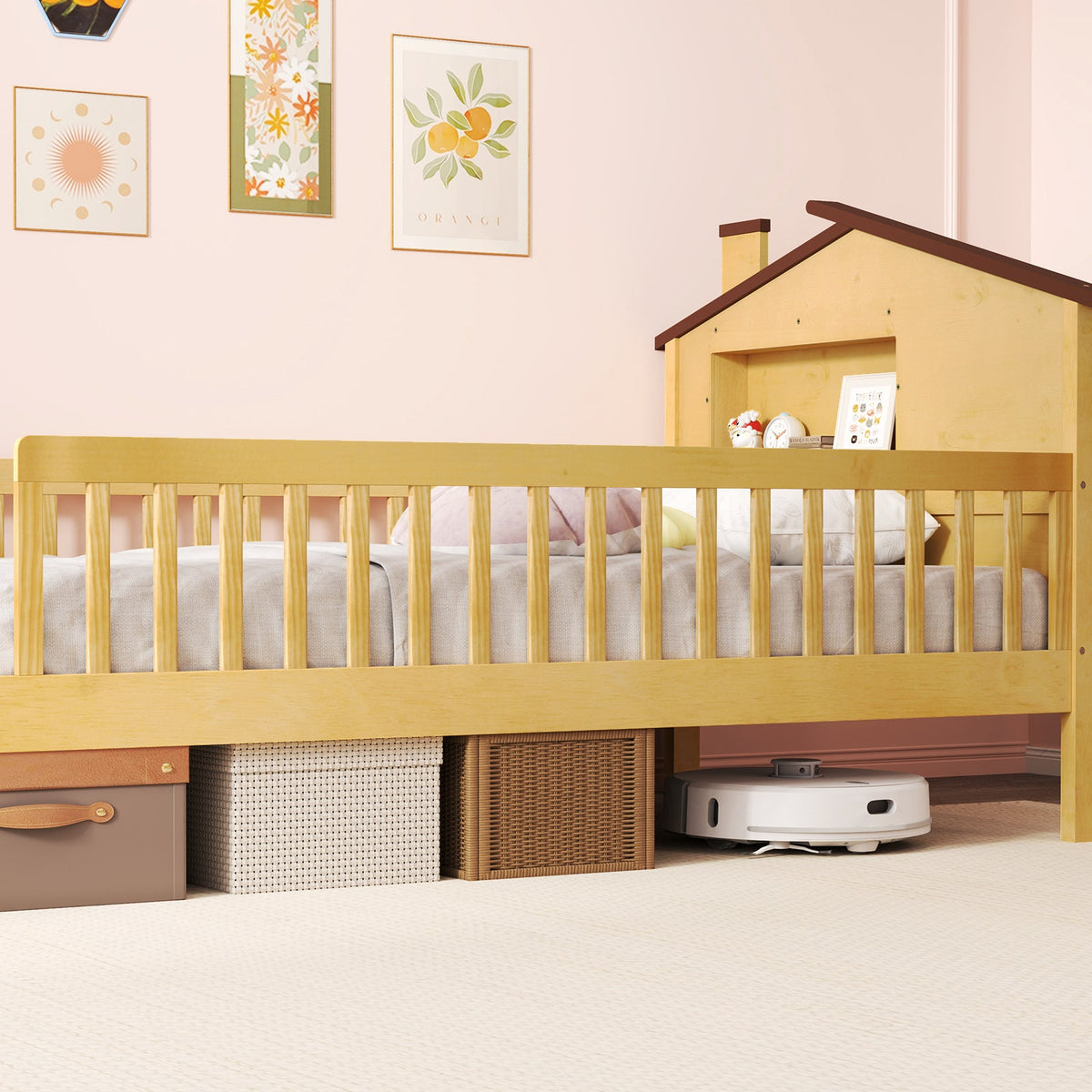 Twin Size Kids Montessori Bed with House-Shaped Headboard and Built-in Storage Shelf