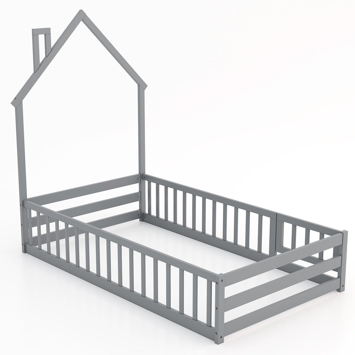 Twin Size Montessori Floor Bed with Lockable Door and Full-Length Guardrail