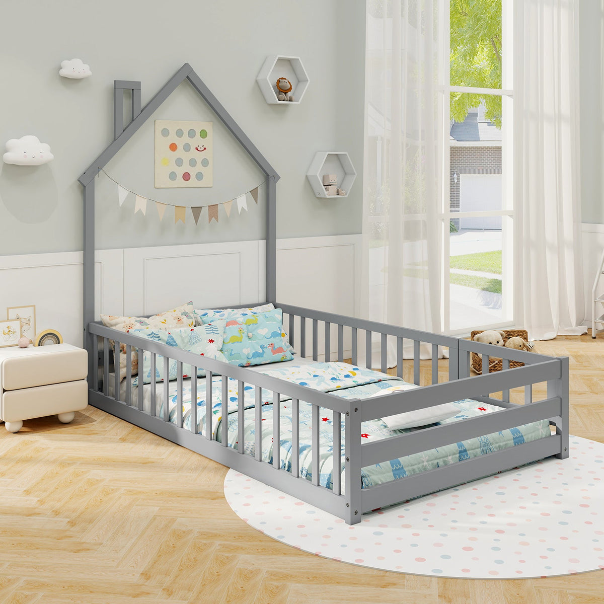 Twin Size Montessori Floor Bed with Lockable Door and Full-Length Guardrail