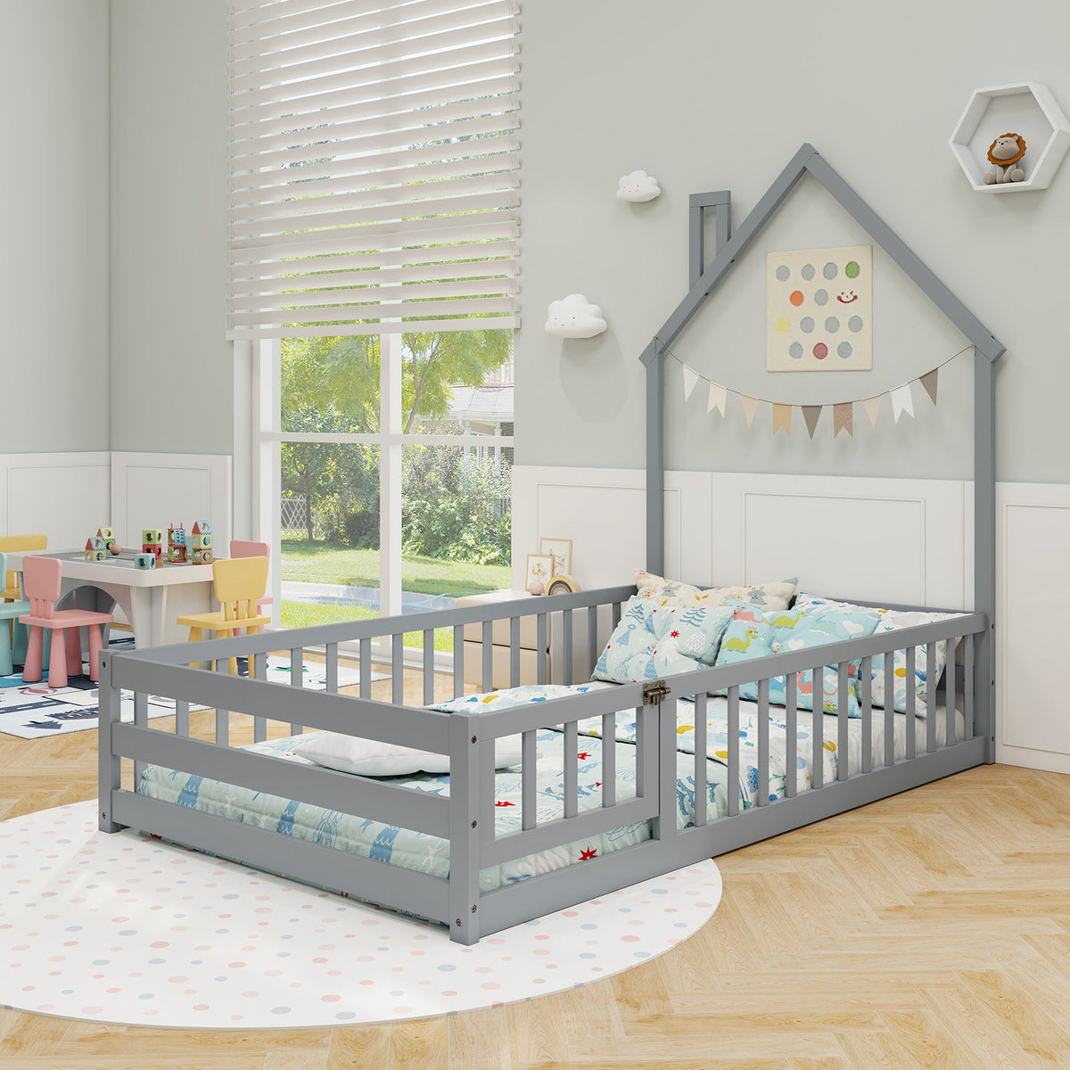 Twin Size Montessori Floor Bed with Lockable Door and Full-Length Guardrail