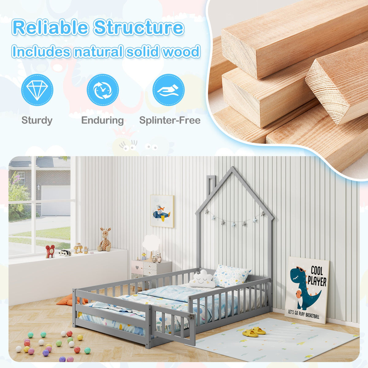 Twin Size Montessori Floor Bed with Lockable Door and Full-Length Guardrail