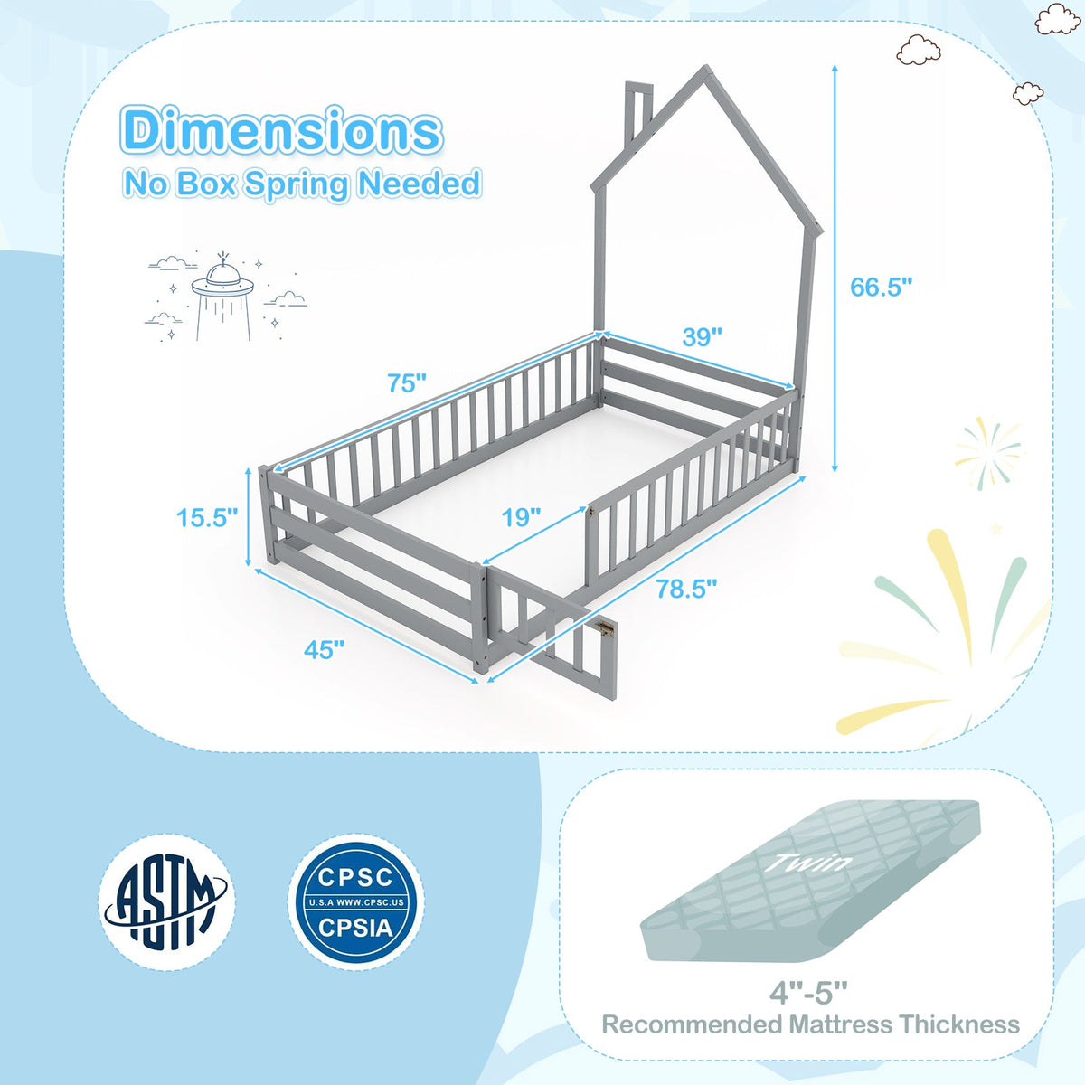 Twin Size Montessori Floor Bed with Lockable Door and Full-Length Guardrail
