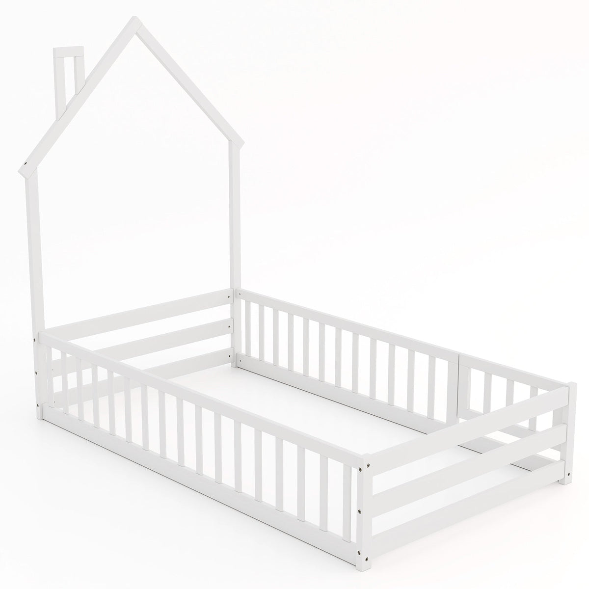 Twin Size Montessori Floor Bed with Lockable Door and Full-Length Guardrail