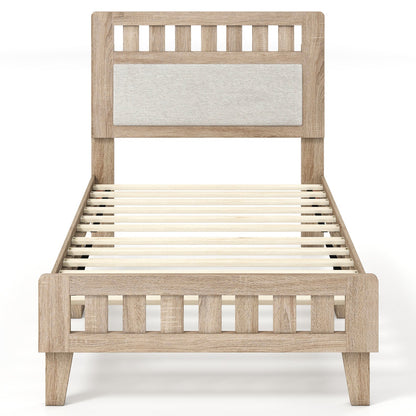 Twin Size Wood Bed Frame with Upholstered Headboard Mid Century Style