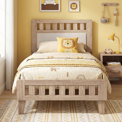 Twin Size Wood Bed Frame with Upholstered Headboard Mid Century Style