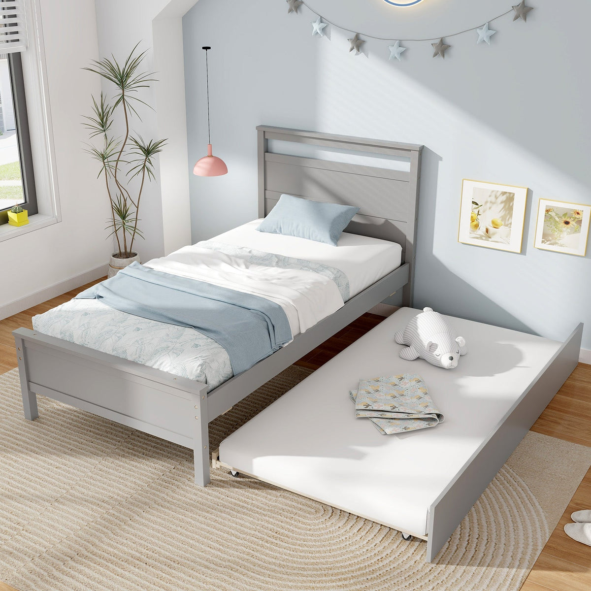 Twin Size Wooden Bed Frame with Trundle for Teens and Adults