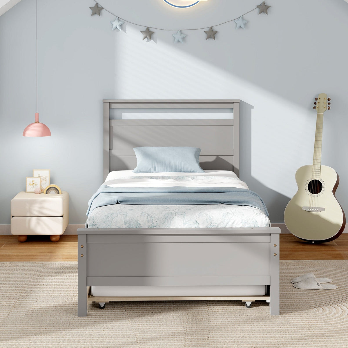 Twin Size Wooden Bed Frame with Trundle for Teens and Adults