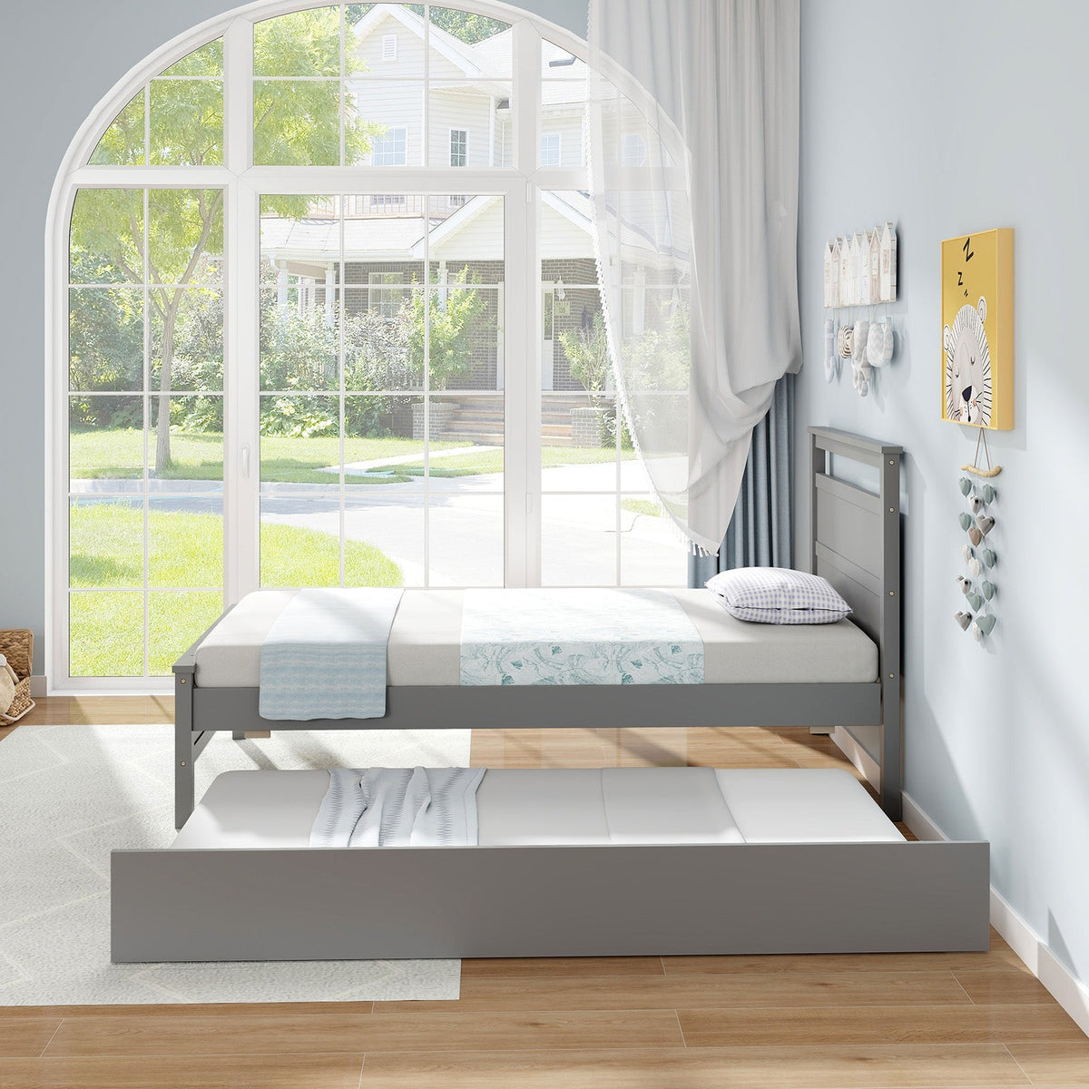 Twin Size Wooden Bed Frame with Trundle for Teens and Adults