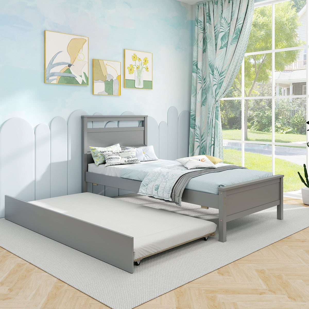 Twin Size Wooden Bed Frame with Trundle for Teens and Adults