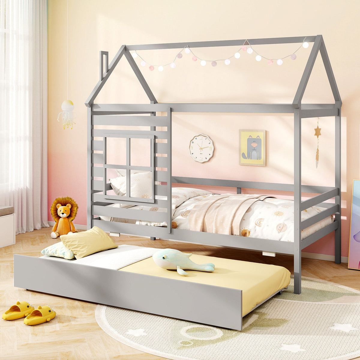 Twin Size Wooden Platform House Bed with Trundle and Roof