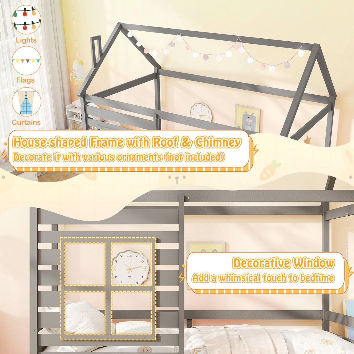 Twin Size Wooden Platform House Bed with Trundle and Roof