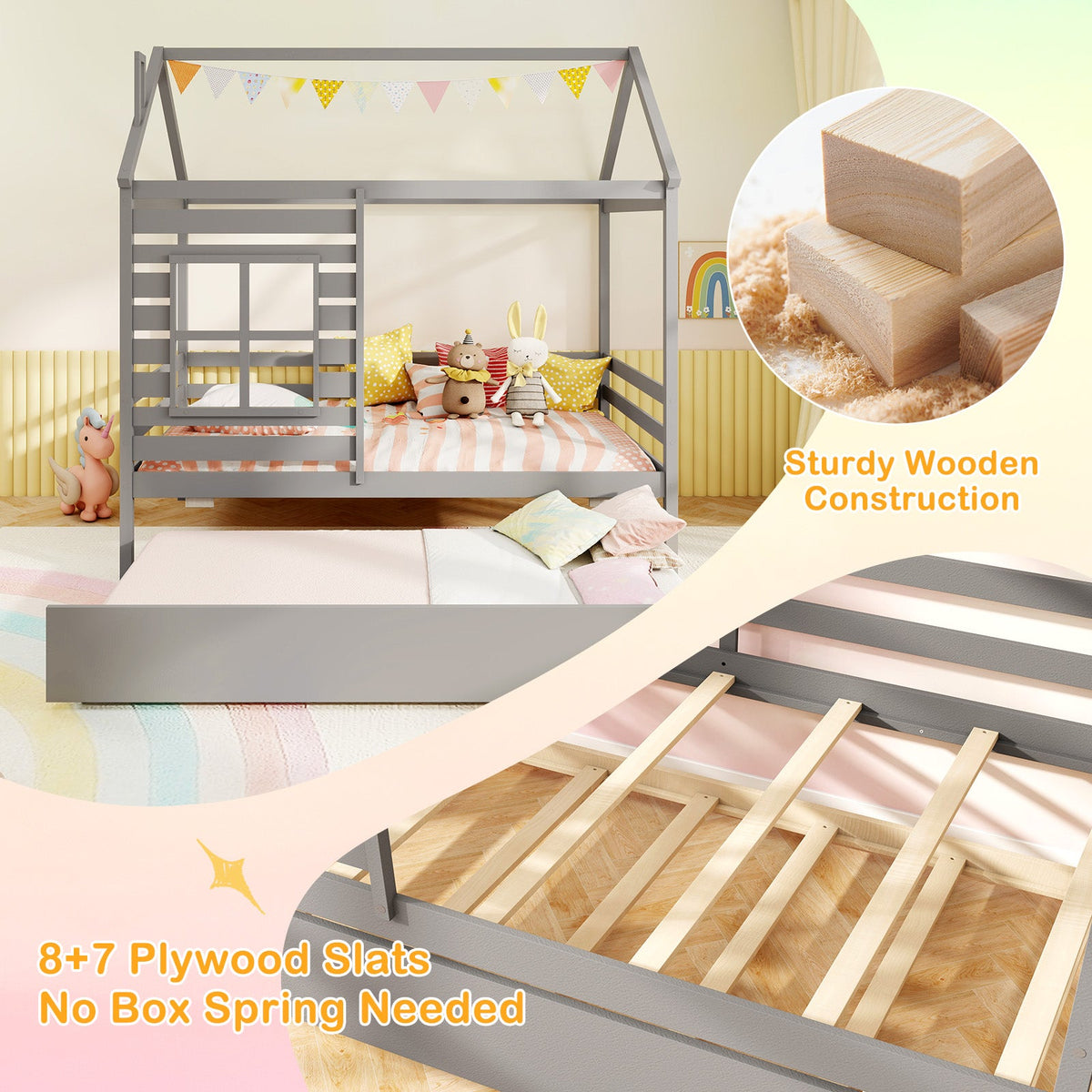 Twin Size Wooden Platform House Bed with Trundle and Roof