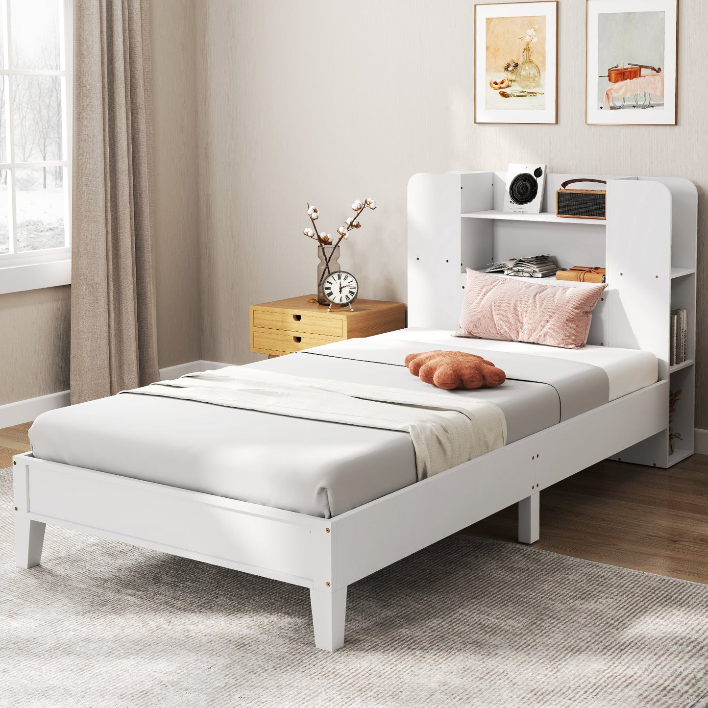 Twin Size Wooden Platform Bed Frame with Bookcase Headboard-Gray