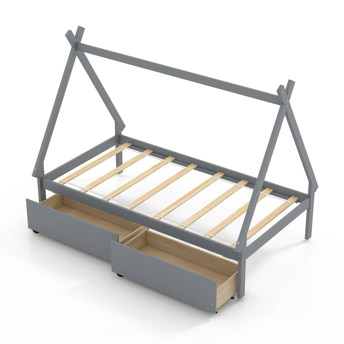 Twin Size Wooden Tent Platform House Bed with 2 Drawers