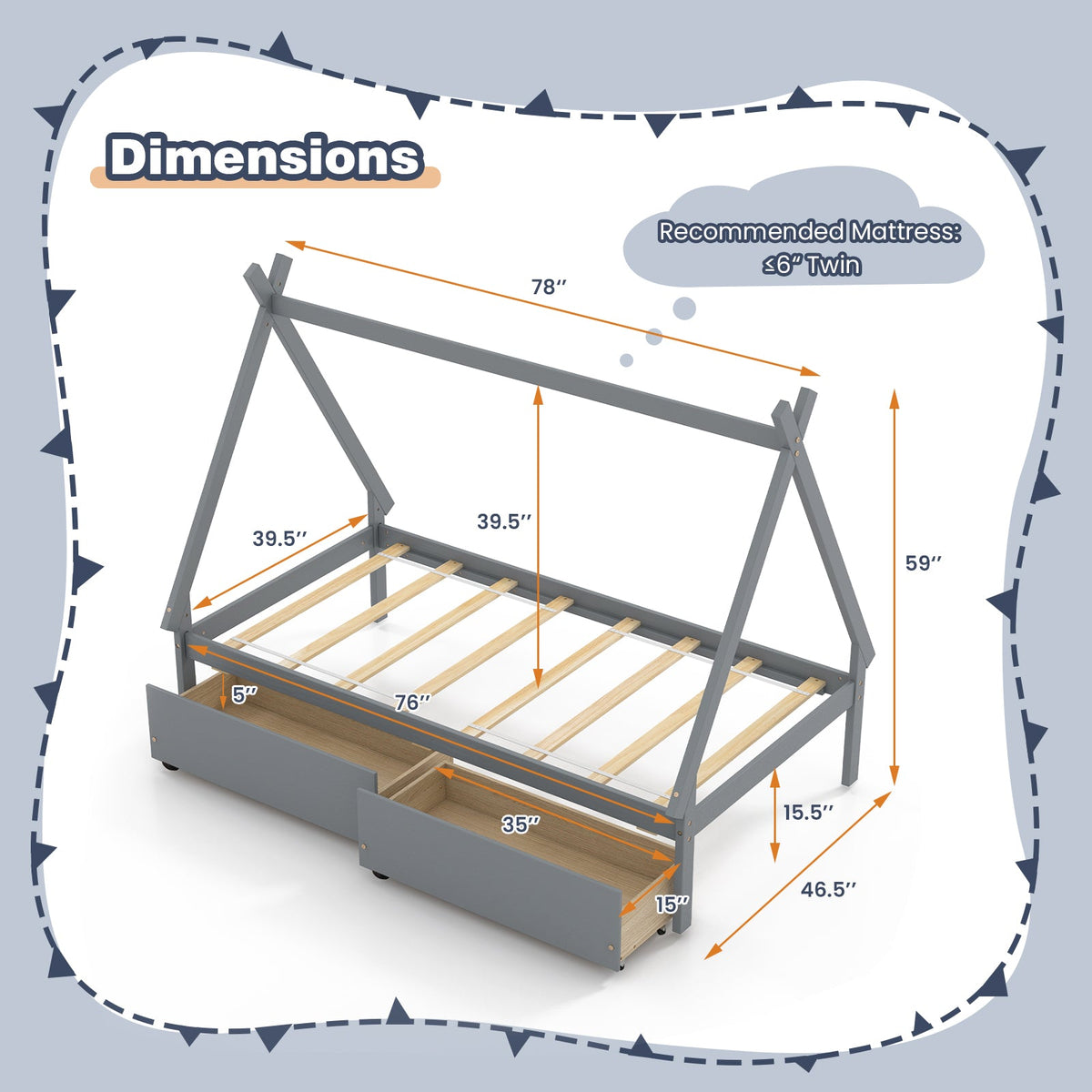 Twin Size Wooden Tent Platform House Bed with 2 Drawers