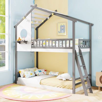 Twin over Twin House Bunk Bed with Roof and Guardrails for Kids-White & Gray