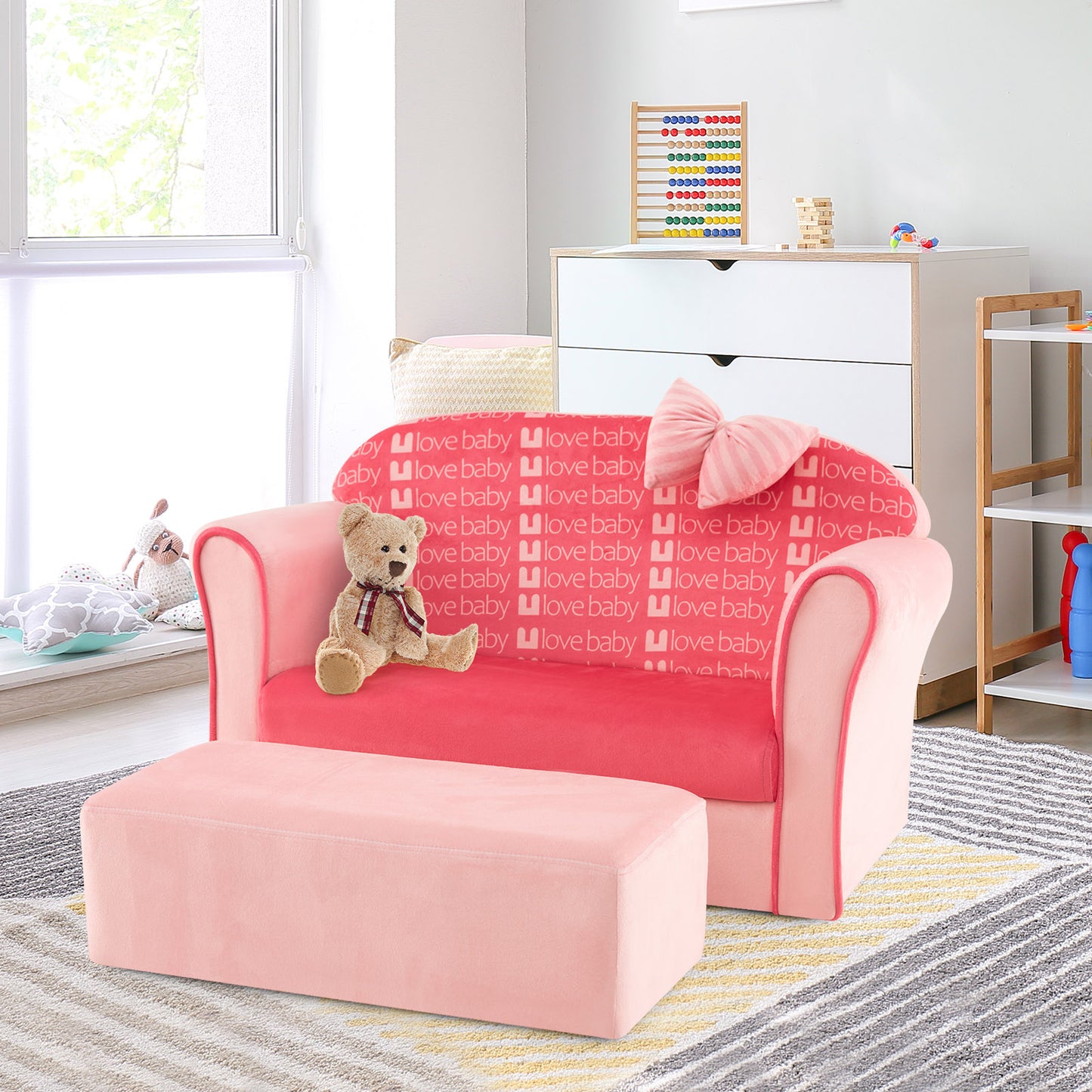 Kids Velvet Sofa Chair with Ottoman - Pink