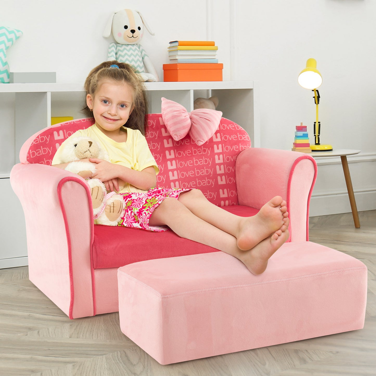 Kids Velvet Sofa Chair with Ottoman - Pink