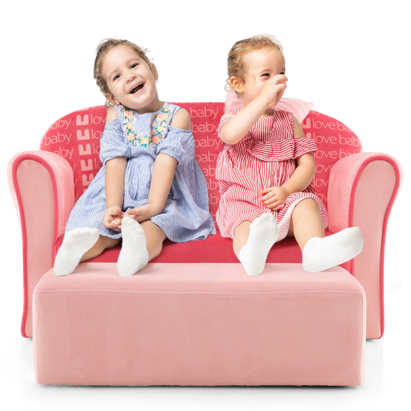 Kids Velvet Sofa Chair with Ottoman - Pink