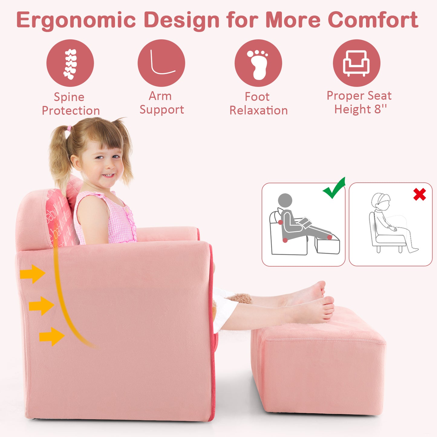 Kids Velvet Sofa Chair with Ottoman - Pink