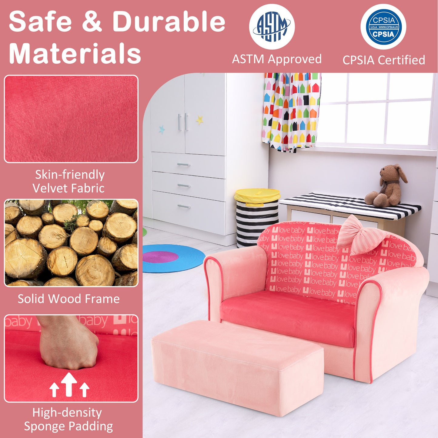 Kids Velvet Sofa Chair with Ottoman - Pink