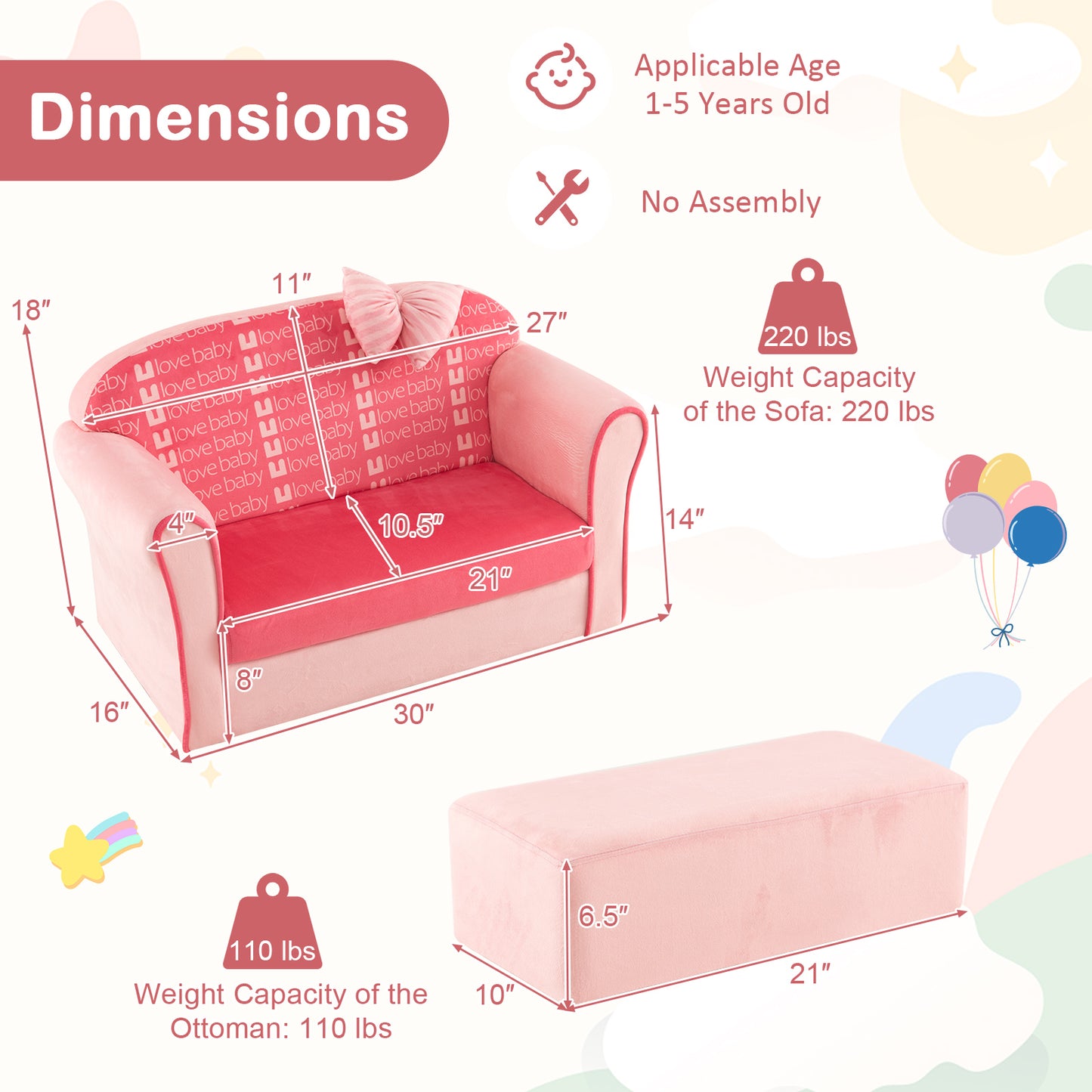 Kids Velvet Sofa Chair with Ottoman - Pink