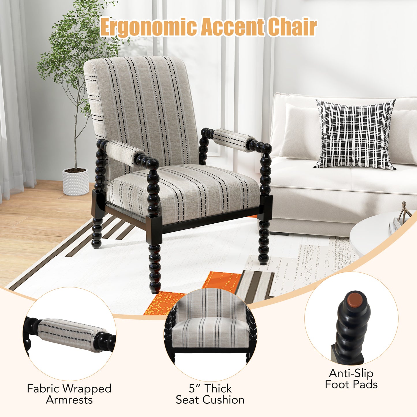 Upholstered Accent Chair with Rubber Wood Frame - Beige