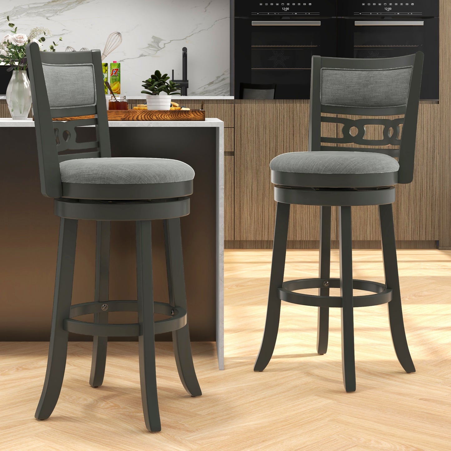 Bar Height Swivel Bar Stool with Wooden Frame and Footrest