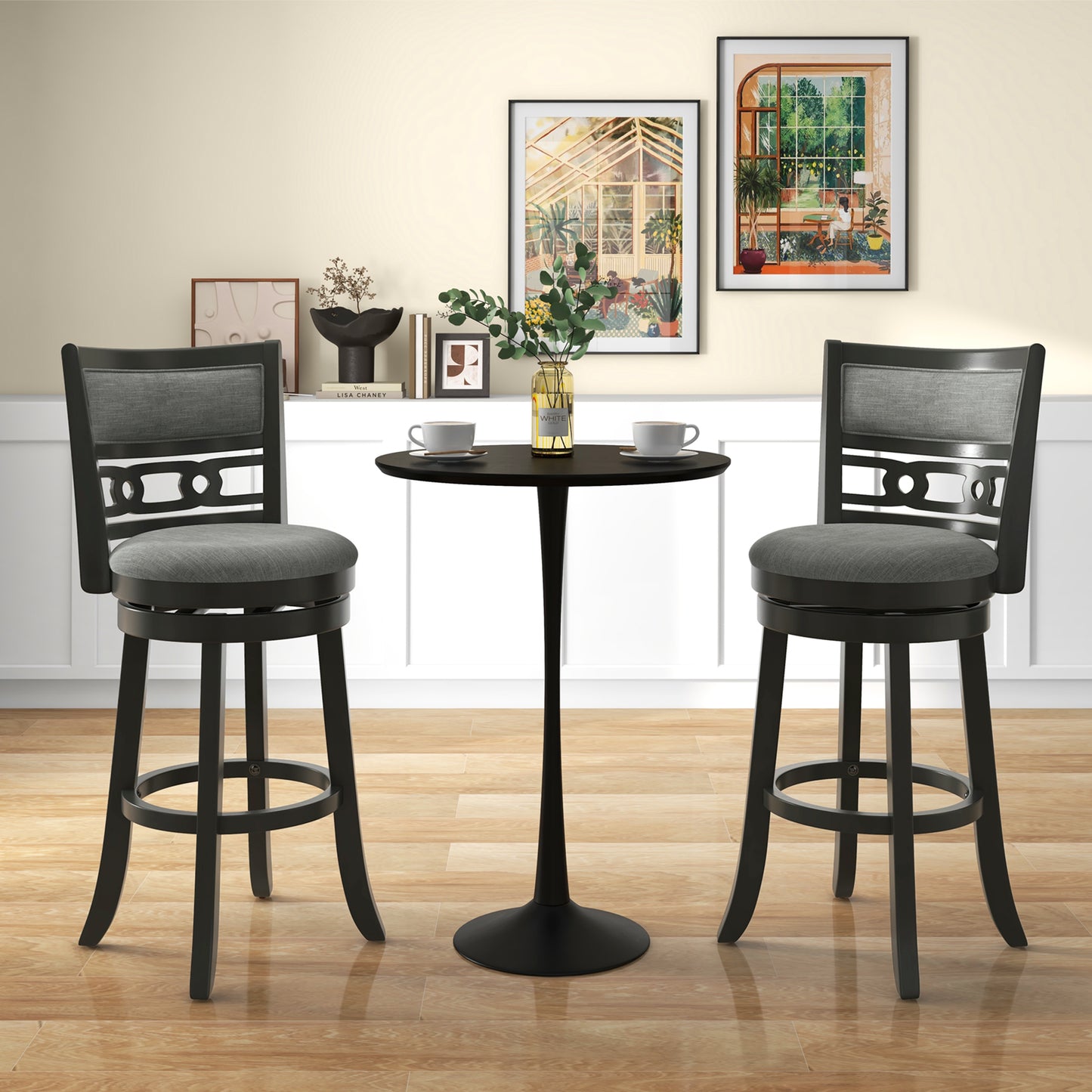 Bar Height Swivel Bar Stool with Wooden Frame and Footrest