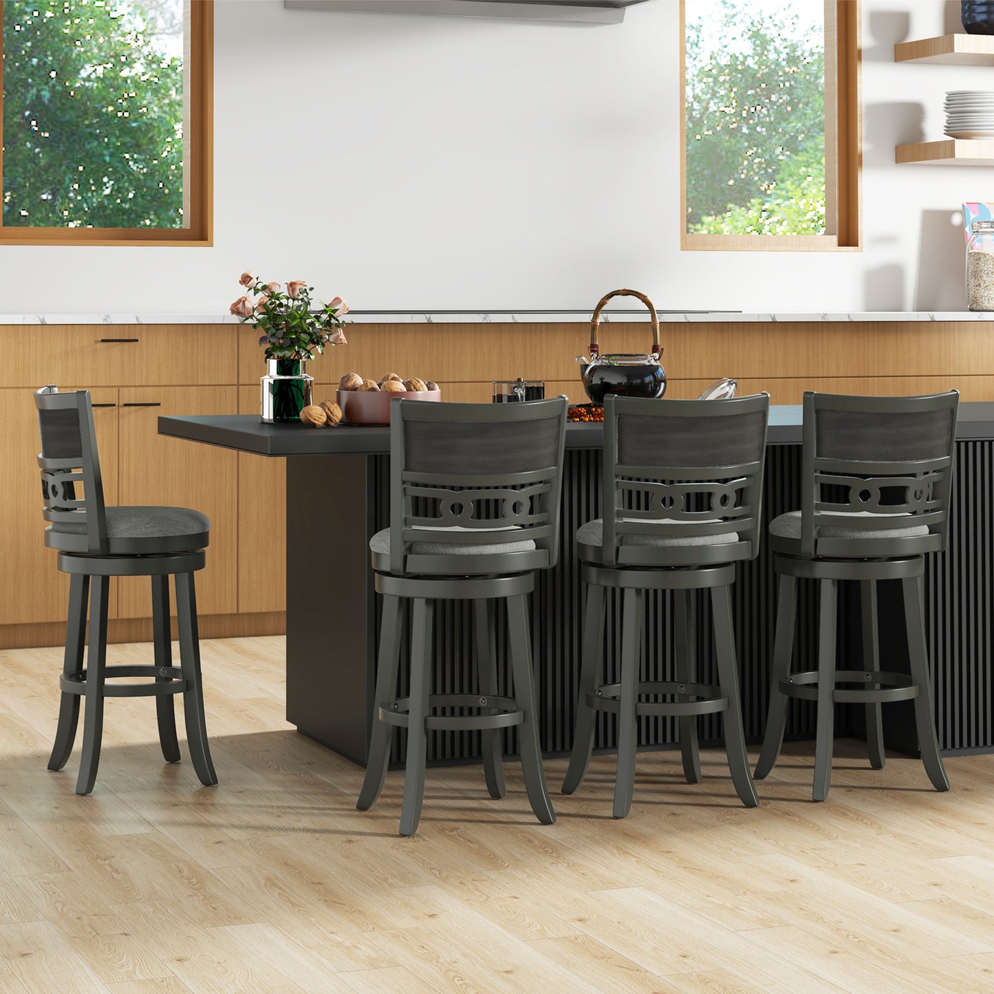 Bar Height Swivel Bar Stool with Wooden Frame and Footrest