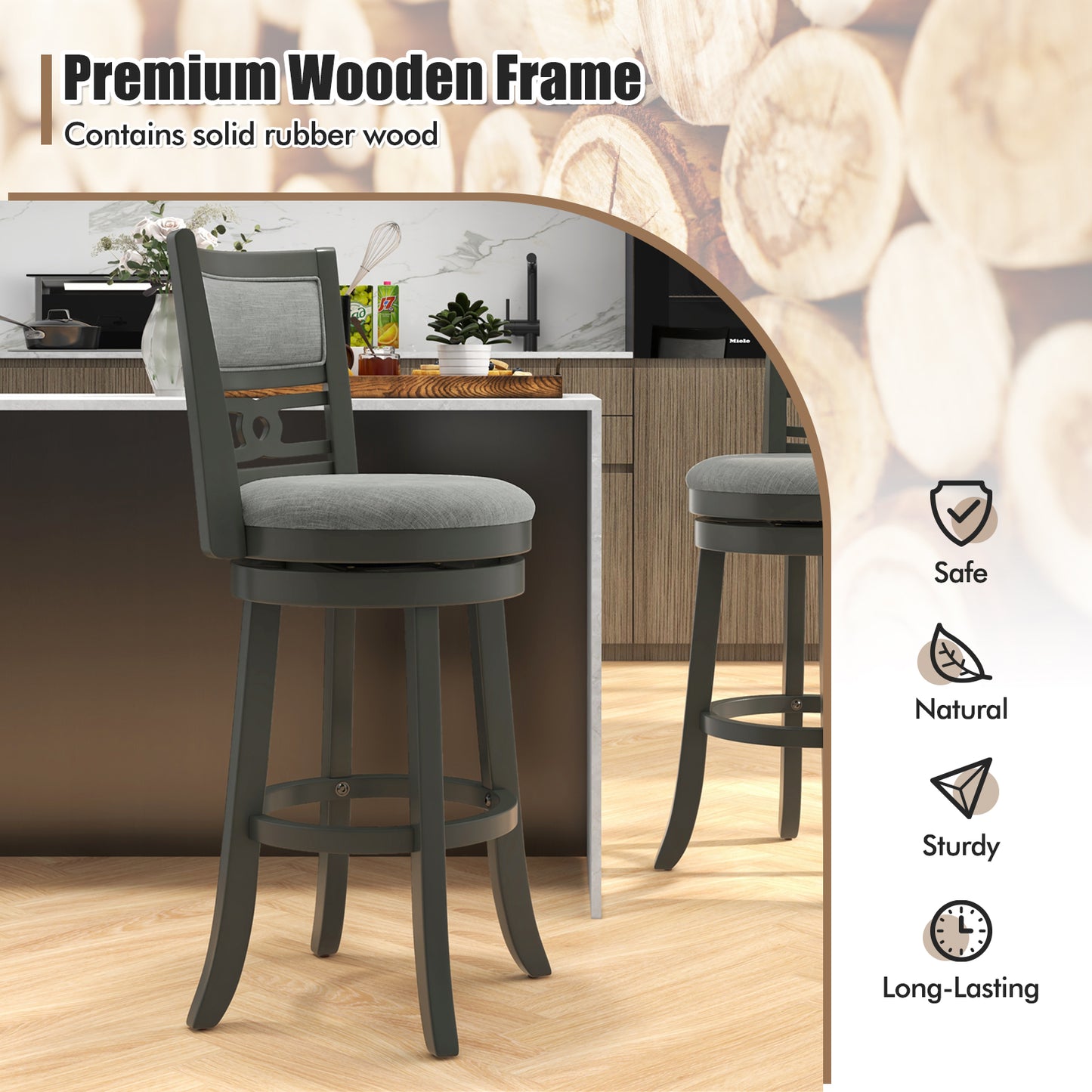 Bar Height Swivel Bar Stool with Wooden Frame and Footrest