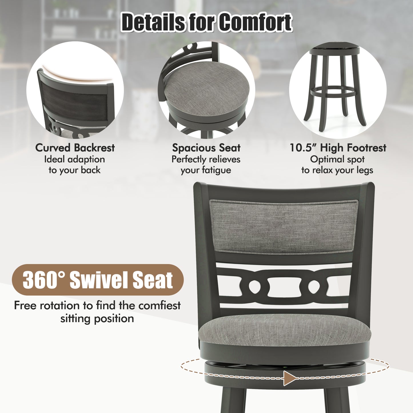 Bar Height Swivel Bar Stool with Wooden Frame and Footrest