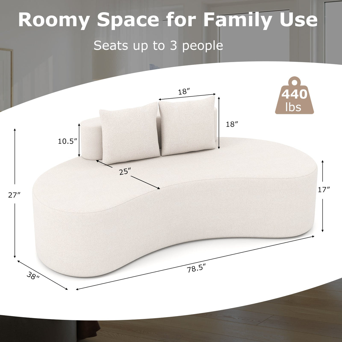 Upholstered Curved Sofa with 2 Cozy Pillows