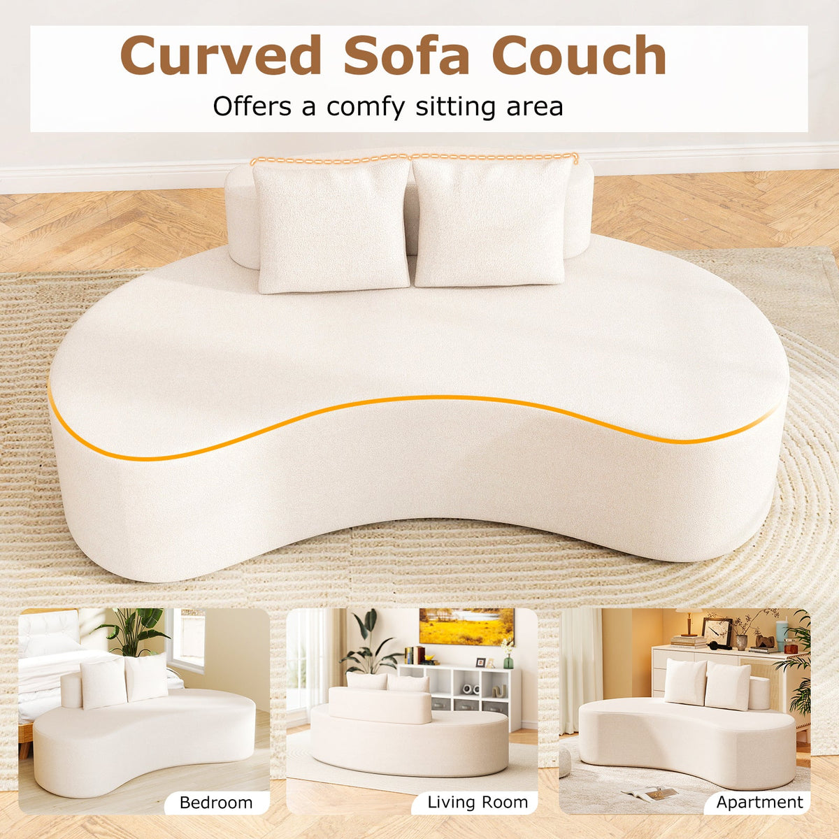 Upholstered Curved Sofa with 2 Cozy Pillows