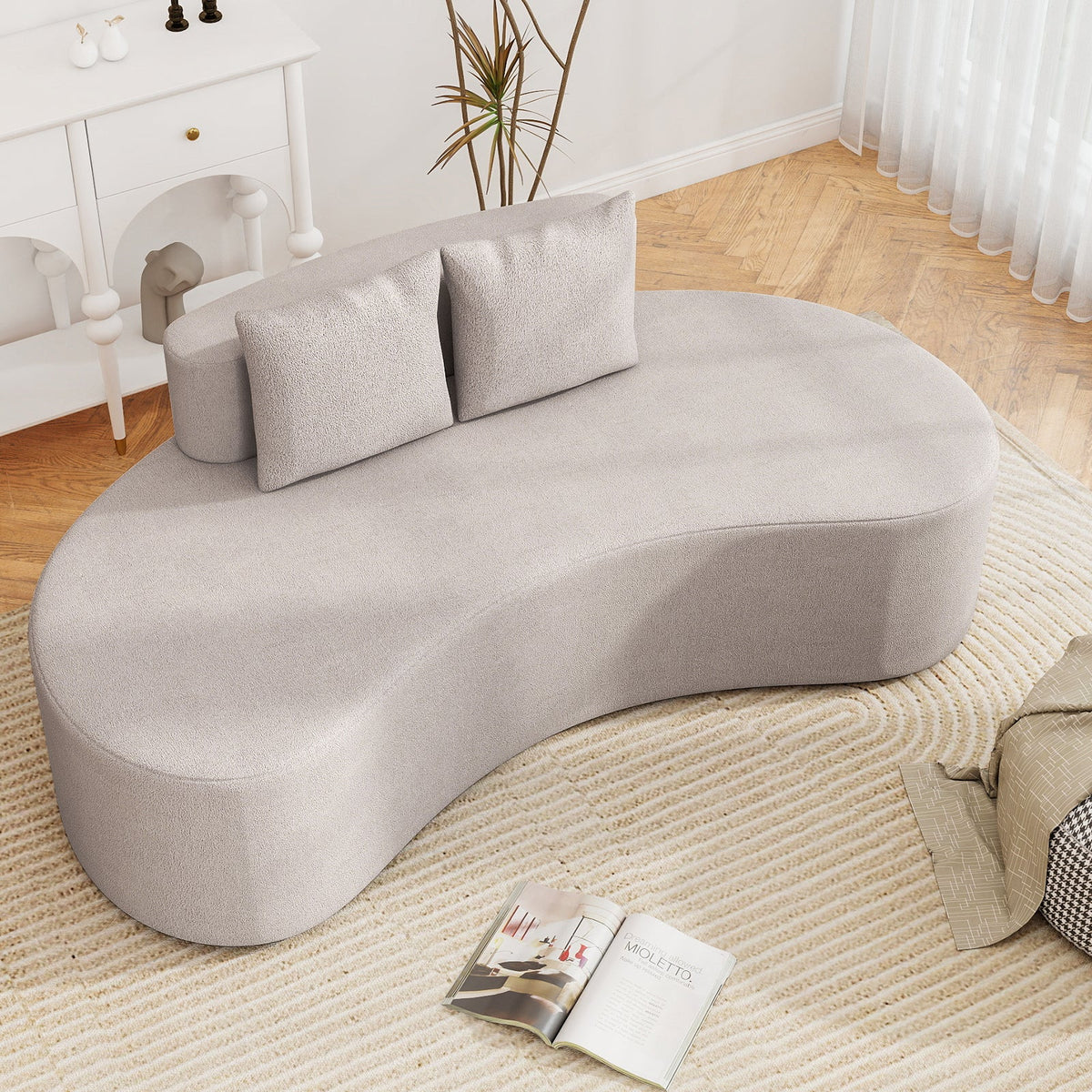 Upholstered Curved Sofa with 2 Cozy Pillows
