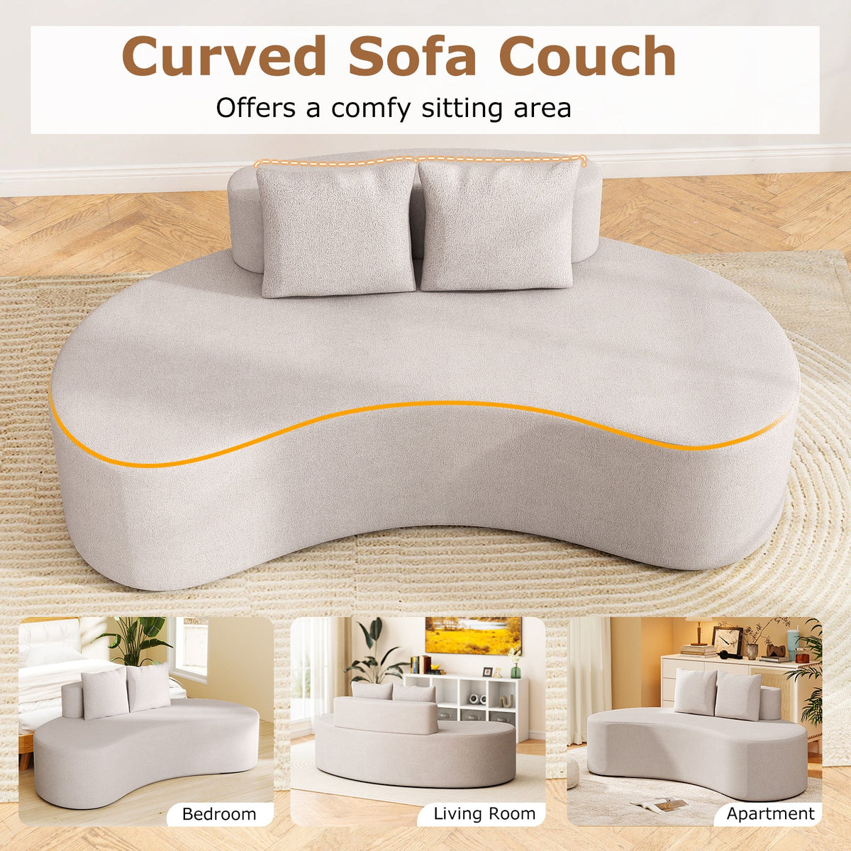 Upholstered Curved Sofa with 2 Cozy Pillows