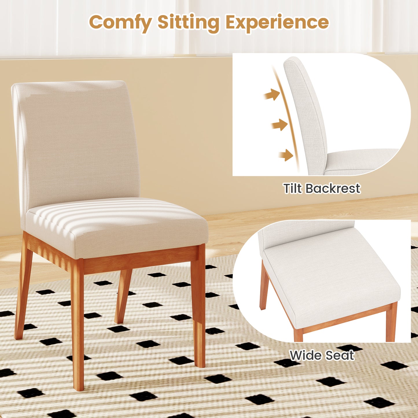 Upholstered Dining Chairs Set of 2 with Rubber Wood Legs
