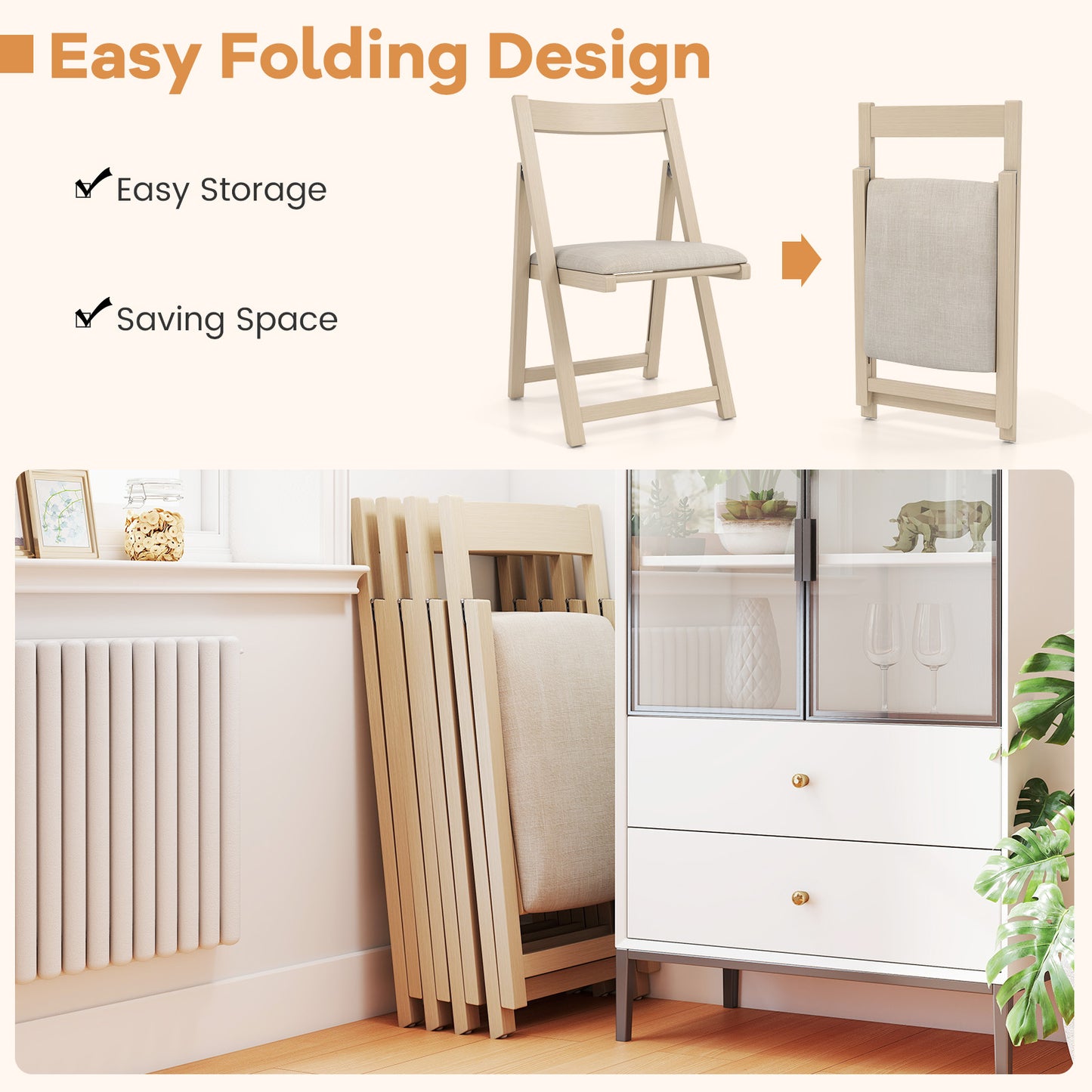 Folding Upholstered Dining Chairs Set of 4 with Curved Backrest
