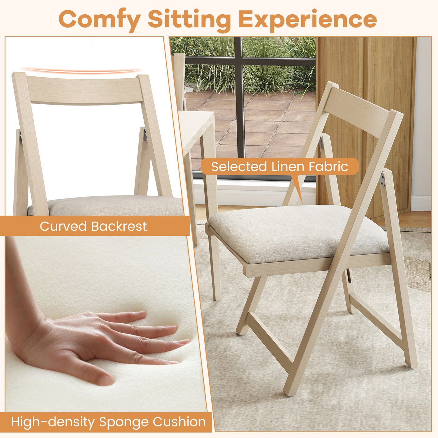 Folding Upholstered Dining Chairs Set of 4 with Curved Backrest