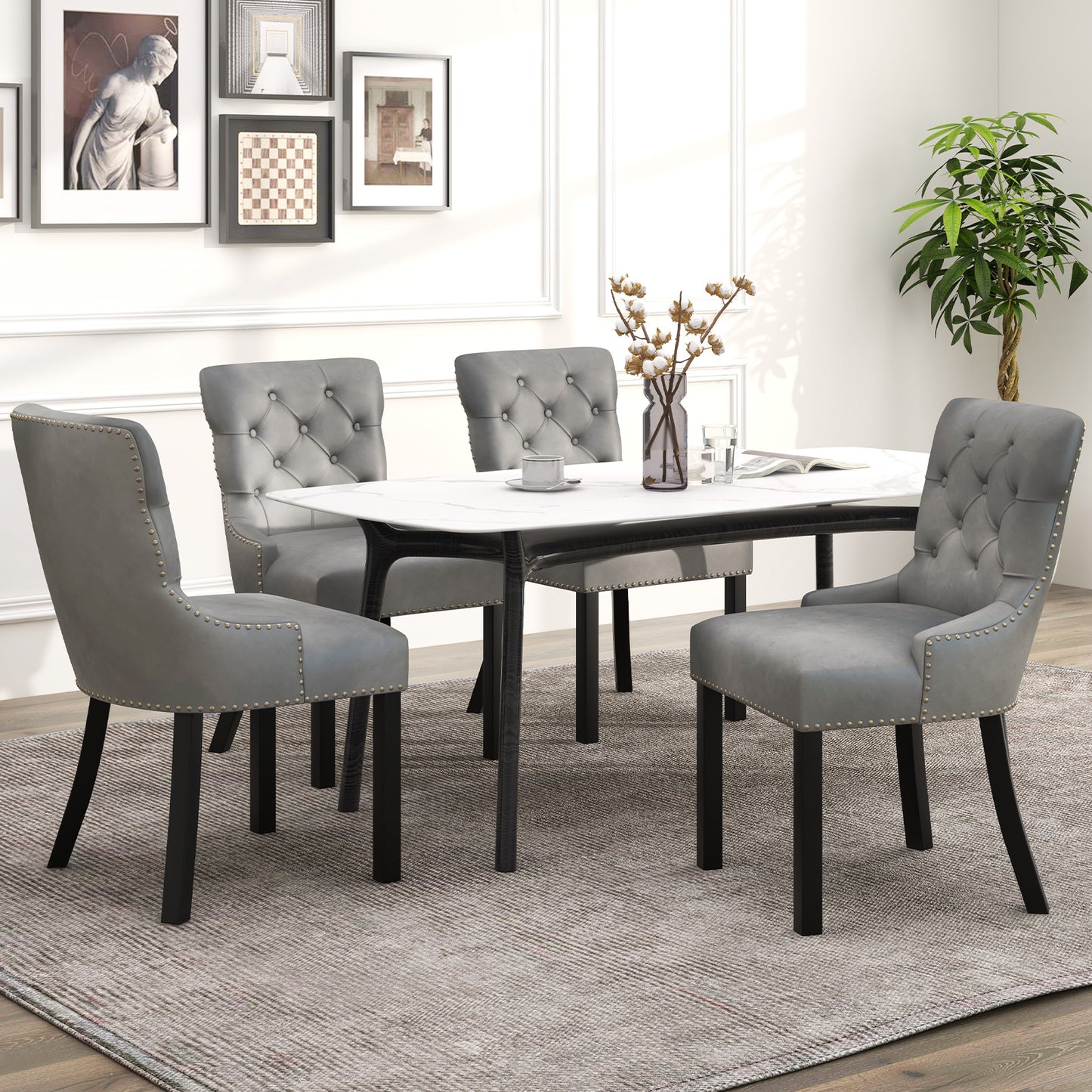 Tufted Wingback Dining Chairs Set of 2 with Nailhead Trim
