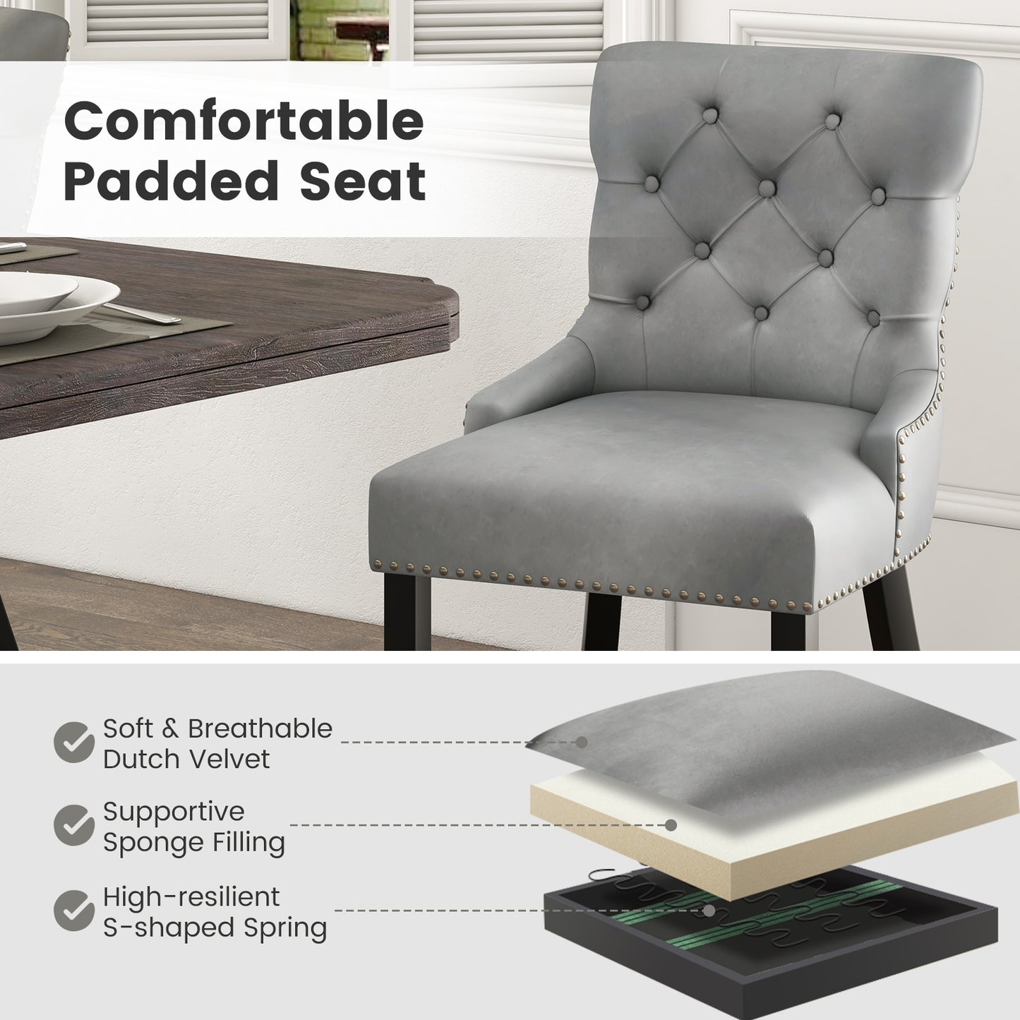 Tufted Wingback Dining Chairs Set of 2 with Nailhead Trim