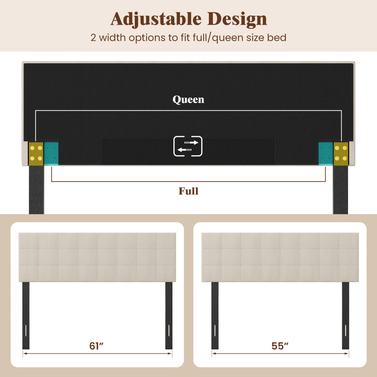 Upholstered Headboard Queen/Full Size with Adjustable Legs