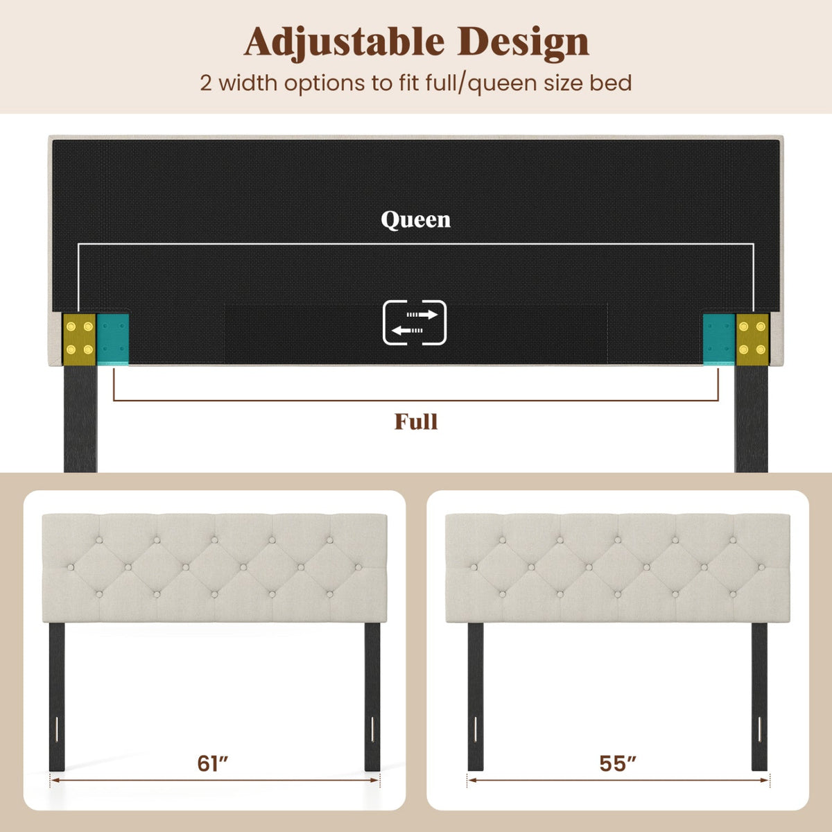Upholstered Tufted Headboard Queen/Full Size with Adjustable Legs