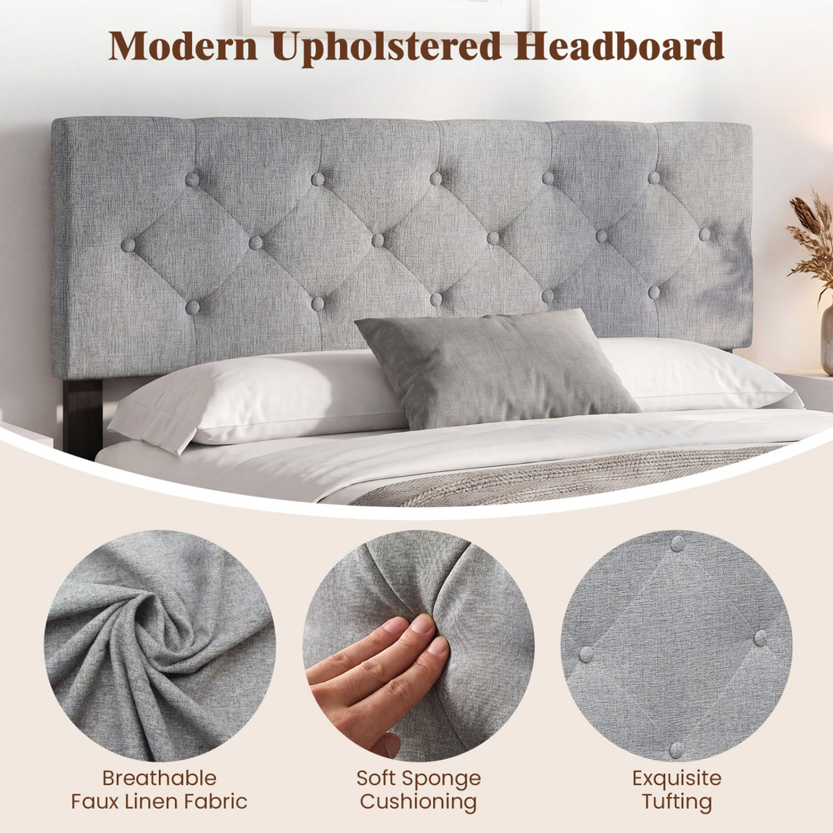 Upholstered Tufted Headboard Queen/Full Size with Adjustable Legs